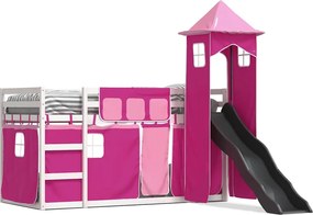vidaXL Pat supraetajat cu tobogan și perdele, roz, 90x190 cm