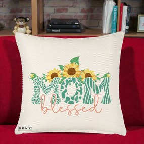 Cadou pentru Mama - Perna Personalizata Mom Blessed cu Floarea Soarelui Animal Print Teal, 40x40 cm, Crem Reliefat, Husa Detasabila, Perna Inclusa, BEKZ®