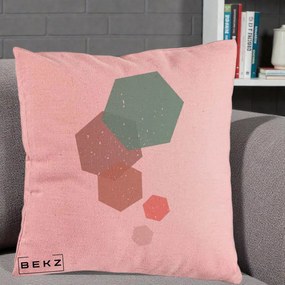 Perna Decorativa Geometric Hexagoane Pastel, 40x40 cm, Roz, Husa Detasabila, Perna Inclusa, BEKZ®