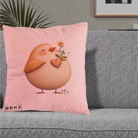 Perna Decorativa Pui cu Inima si Floarea-Soarelui, 40x40 cm, Roz, Husa Detasabila, Perna Inclusa, BEKZ®