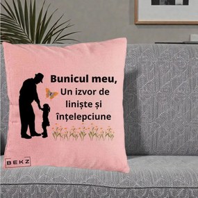 Cadou pentru Bunic - Perna Personalizata Bunicul Meu Izvor de Liniste cu Fluture si Fetita, 40x40 cm, Roz, Husa Detasabila, Perna Inclusa, BEKZ®