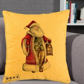Perna Decorativa Mos Craciun Vintage cu Felinar, 40x40 cm, Galben, Husa Detasabila, Perna Inclusa, BEKZ®