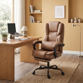 Scaun de birou ergonomic HOMCOM reclinabil 140° cu reposapiede și pernă, scaun de birou din piele ecologică anti-zgârieturi, ușor de curățat, brațe îmbunătățite, pivotant și reglabil pe înălțime, maro | Aosom Romania