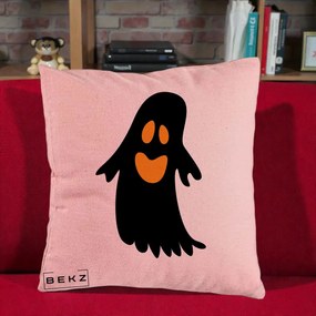Perna Decorativa Halloween Fantoma Neagra cu Ochi Portocalii, 40x40 cm, Roz, Husa Detasabila, Perna Inclusa, BEKZ®