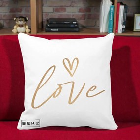 Perna Decorativa Love Caligrafie Aurie, 40x40 cm, Alba Mata, Husa Detasabila, Perna Inclusa, BEKZ®