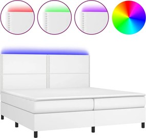 vidaXL Pat cu arcuri, saltea și LED, alb, 200x200 cm, piele ecologică