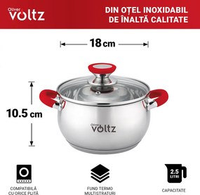 La mâna a doua: Oala Oliver Voltz OV51210N18, 18 cm, 2,5 l, Inductie, Manere silicon rosii, Inox/Roşu