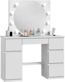 Masuta machiaj cu Oglinda LED si 5 Sertare pentru Cosmetice, Set Masa toaleta 120 cm, Alb, masuta cosmetica, vanity - SEA545
