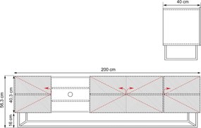 Comodă TV Asha 200 cm, cu fronturi riflate, spațiu deschis și cadru metalic – negru mat