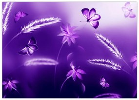 Tablou pe sticlă - Lunca cu fluturi (70x50 cm)