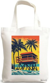 Sacosa de Panza pentru Cumparaturi, Geanta Tote, model Tropical Sunset 4 38 x 34.5 cm, Alba, BEKZ®
