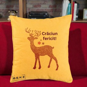 Perna Decorativa Ren Sclipitor Glitter Craciun Fericit, 40x40 cm, Galben, Husa Detasabila, Perna Inclusa, BEKZ®