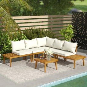 Outsunny Salon de grădină în aer liber, 5 locuri, modular din lemn de acacia, canapea unghiulară în aer liber cu masă de cafea și perne | Aosom Romania