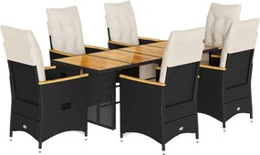 vidaXL Set bistro de grădină, 7 piese, cu perne, negru, poliratan