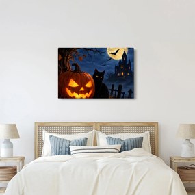 Tablou - Pisică neagră lângă un dovleac luminat de Halloween (90x60 cm)