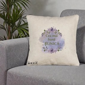 Cadou pentru Bunica - Perna Personalizata Cea Mai Buna Bunica Flori Mov Acuarela Auriu, 40x40 cm, Bej Canapea, Husa Detasabila, Perna Inclusa, BEKZ®