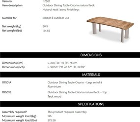 Masa pentru exterior si interior design LUX Osario, 230x116cm