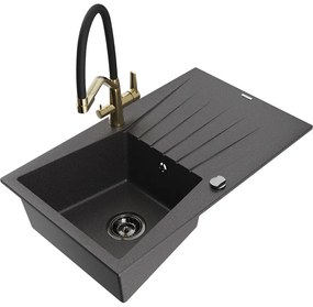 Mexen Cesar chiuvetă de granit cu un compartiment, cu picurător și baterie de bucătărie Duo, Negru cu picățele - 6514-76-671701-
