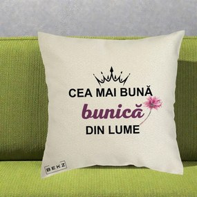 Cadou pentru Bunica - Perna Personalizata Cea Mai Buna Bunica Din Lume Coroana Mov Floare Roz, 40x40 cm, Ecru, Husa Detasabila, Perna Inclusa, BEKZ®