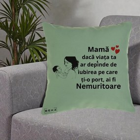 Cadou pentru Mama - Perna Personalizata Mama Nemuritoare Imbratisare Copil, 40x40 cm, Verde, Husa Detasabila, Perna Inclusa, BEKZ®