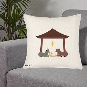 Perna Decorativa Ieslea din Betleem cu Iesle Asin si Bou, 40x40 cm, Crem Reliefat, Husa Detasabila, Perna Inclusa, BEKZ®