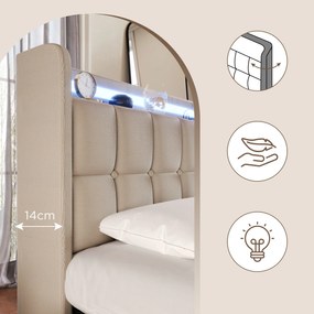 Pat cu tăblie USB și iluminare LED, 4 sertare, structură din lemn, tăblie tapițată, 140x200 cm, Bej