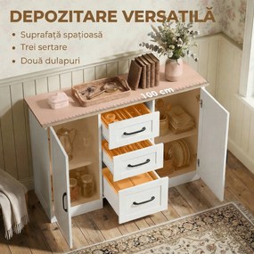 HOMCOM Bufet de bucătărie cu 3 sertare și 2 uși, închidere amortizată, pentru dining, hol și living, 110x35x80,4 cm, alb | Aosom Romania