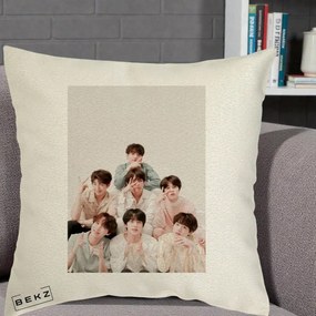 Perna Personalizata K-pop BTS Foto Grup Pastel, 40x40 cm, Ecru, Husa Detasabila, Perna Inclusa, BEKZ®