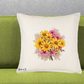 Perna Decorativa Floarea-Soarelui cu Cosmos Roz si Gypsophila, 40x40 cm, Crem Reliefat, Husa Detasabila, Perna Inclusa, BEKZ®