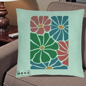 Perna Decorativa Flori Grafice Verde-Roz-Albastru, 40x40 cm, Verde Menta, Husa Detasabila, Perna Inclusa, BEKZ®