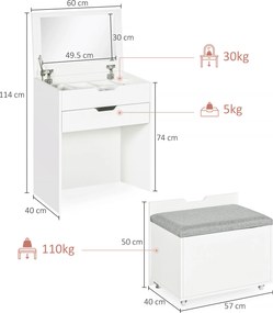 HOMCOM Masa de toaleta pentru dormitor cu oglinda si scaun asortat, masa de machiaj cu compartiment ascuns si sertar din lemn, alb | Aosom Romania