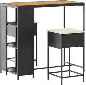 vidaXL Set mobilier bar de grădină cu perne, 3 piese, negru, poliratan