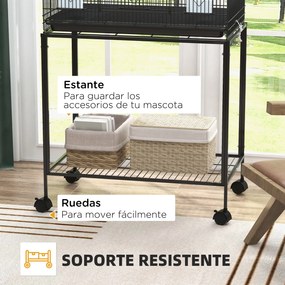 PawHut Colivie pentru Pasari cu Rotile 77x46x119 cm Cusca Metalica pentru Pasari cu Tava Detasabila 2 Suporturi 2 Hranitoare Negru | Aosom Romania