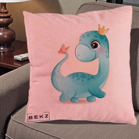 Perna Personalizata Dinozaur Bland Coroana Kawaii, 40x40 cm, Roz, Husa Detasabila, Perna Inclusa, BEKZ®