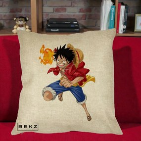 Perna Personalizata One Piece Luffy Gear Second Foc, 40x40 cm, Crem, Husa Detasabila, Perna Inclusa, BEKZ®