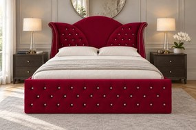 Pat tapițat Chesterfield din catifea Velora Cristal 140×200 cm, vișiniu, cu ladă de depozitare