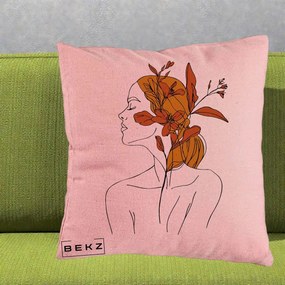 Perna Decorativa Portret Feminin Crin Ruginiu Auriu, 40x40 cm, Roz, Husa Detasabila, Perna Inclusa, BEKZ®