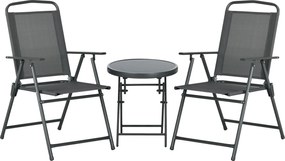 Outsunny Set de Exterior din 3 Piese cu Masă cu Blat din Sticlă și 2 Scaune Pliabile din Plasă, Ф45x50 cm, Gri Deschis | Aosom Romania
