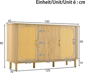 Comodă cu uși din ratan, design curbat, 140x40x80 cm, Culoare naturală