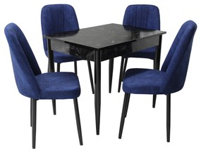 Set masă fixă Deco Negru Marmorat cu 4 scaune Artemis Albastru