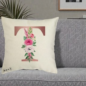 Cadou Personalizat - Perna Personalizata Monograma Rose Gold Litera T, 40x40 cm, Ecru, Husa Detasabila, Perna Inclusa, BEKZ®