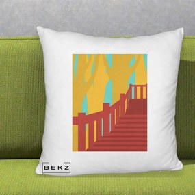 Perna Decorativa Scari Toamna Peisaj Grafic, 40x40 cm, Alb Pufos, Husa Detasabila, Perna Inclusa, BEKZ®