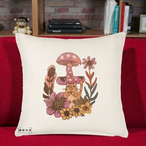 Perna Decorativa Ciuperca Pisica Boho, 40x40 cm, Crem Reliefat, Husa Detasabila, Perna Inclusa, BEKZ®