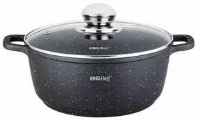Oală cu capac 22 cm, 3.3L – Kinghoff KH 1594, strat antiaderent marmură, neagră, pentru supe și tocănițe