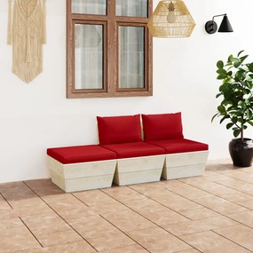 Set mobilier gradina din paleti cu perne, 3 piese, lemn molid Rosu, 2x mijloc + suport pentru picioare, 1