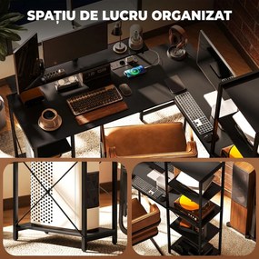 HOMCOM Birou de colț pentru computer cu prize electrice și suport dublu pentru monitor, 137x140 cm, negru | Aosom Romania