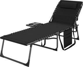 Outsunny Șezlong Pliant cu Spătar Reglabil Tetieră Buzunar Lateral Tavă și Structură din Oțel 190x60x31 cm Negru | Aosom Romania