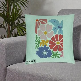 Perna Decorativa Flori Grafice Roz-Rosu-Albastru, 40x40 cm, Verde Menta, Husa Detasabila, Perna Inclusa, BEKZ®