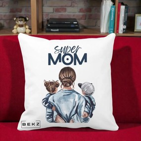 Cadou pentru Mama - Perna Personalizata Super Mom, 40x40 cm, Alba Mata, Husa Detasabila, Perna Inclusa, BEKZ®