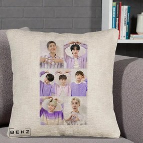 Perna Personalizata K-pop BTS Colaj 7 Portrete cu Inimi Lila, 40x40 cm, Bej Canapea, Husa Detasabila, Perna Inclusa, BEKZ®